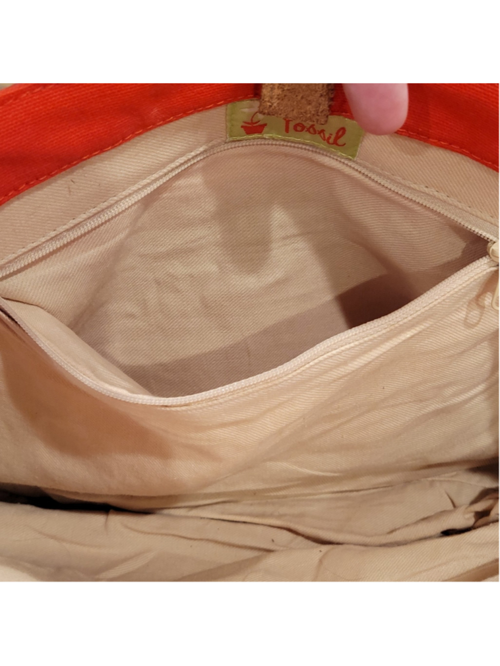 Fossil Orange Canvas Tote Bag Brown Leather Handles Shoulder Purse Zip Top - Picture 7 of 14
